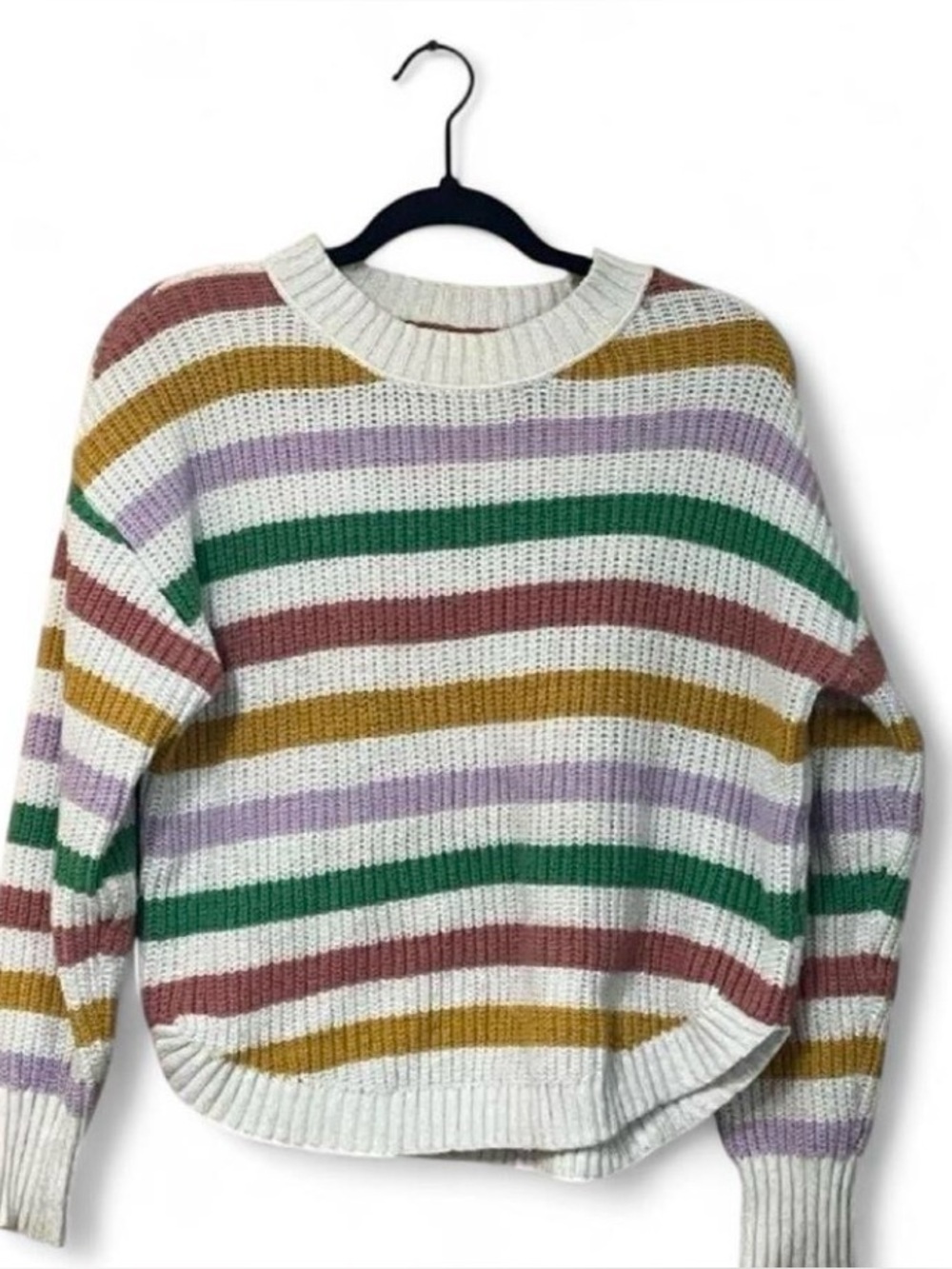 SO Cream Sweater with Green, Mustard, Lavender, and Rose Stripes